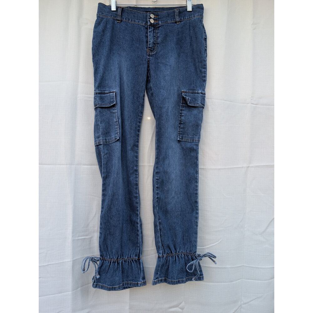 Miste Juniors Denim Cargo Jeans Y2K Retro Utility Pants 9 Ruffle Hem Linen Blend